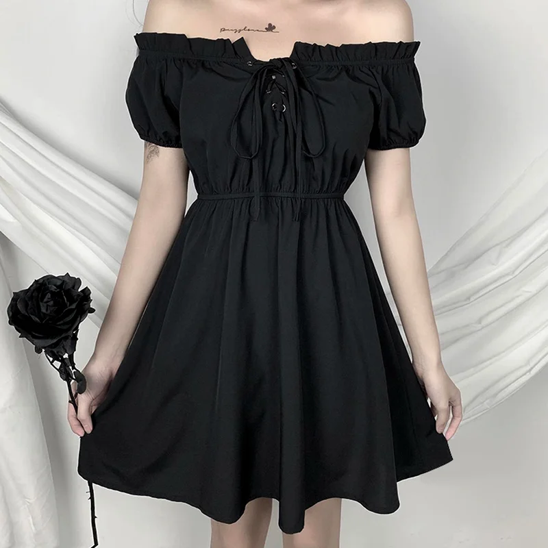 

Mall Goth Sexy Off Shoulder Dresses Gothic Harajuku High Waist Dress Summer Mini A-line Solid Black Dark Academia Casual Dresses