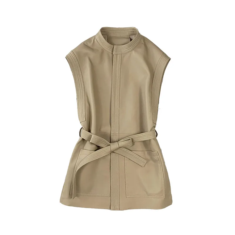

2020 New Spring Vest Women Sheepskin Black Khaki Sleeveless Jacket Ladies Fashion Design Belt O-Neck Real Leather Vest All Match