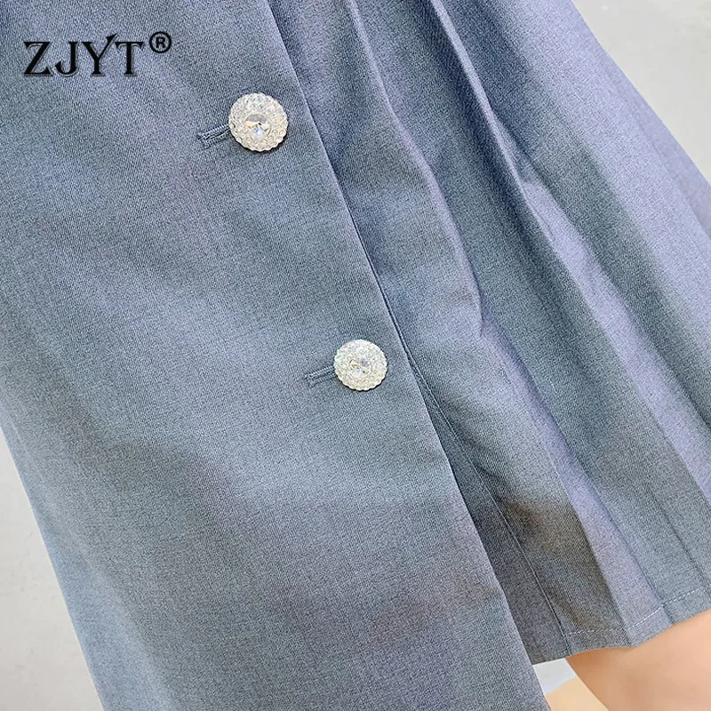 

Lady Elegant Designer Notched Pleated Office Blazer Dress Women Autumn Clothes Long Sleeve Single Breasted Solid Grey Vestidos