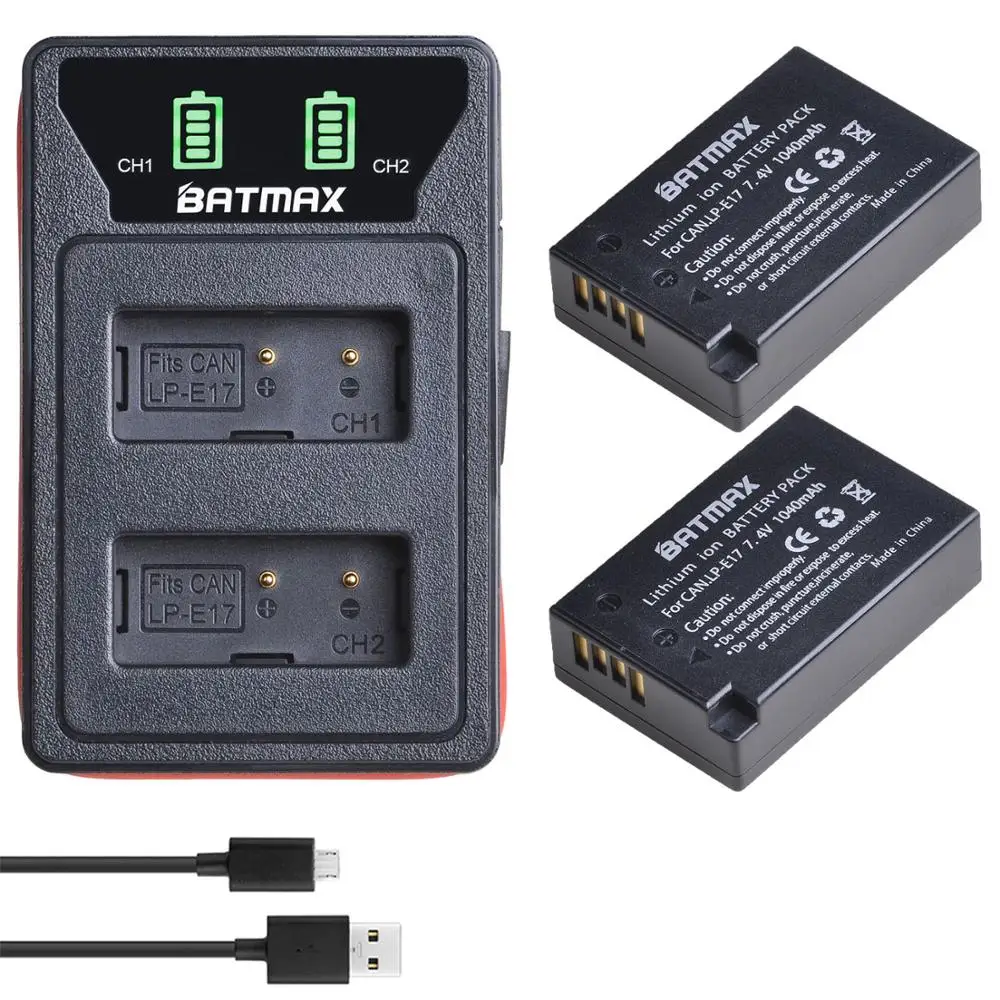 Аккумуляторная батарея Batmax LP-E17 LPE17 + двойное зарядное устройство со встроенным USB-кабелем для Canon EOS 200D 250D M3 M5 M6 750D 760D T6s 800D 8000D