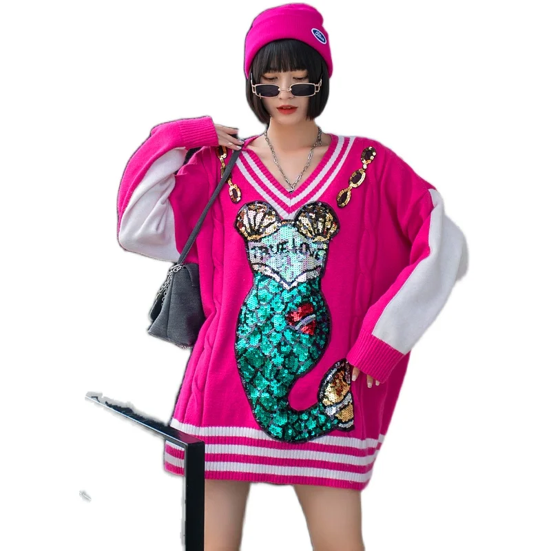 

European station fashion brand V-neck heavy industry sequined loose sweater mermaid patch thickened outer knit jacket
