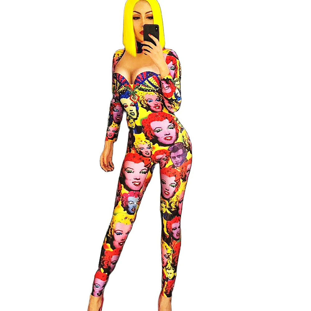 

Personality Pattern Printing Marilyn Monroe Jumpsuit Long Sleeve Backless Rompers Ladies Nightclub Performance Dance Costume