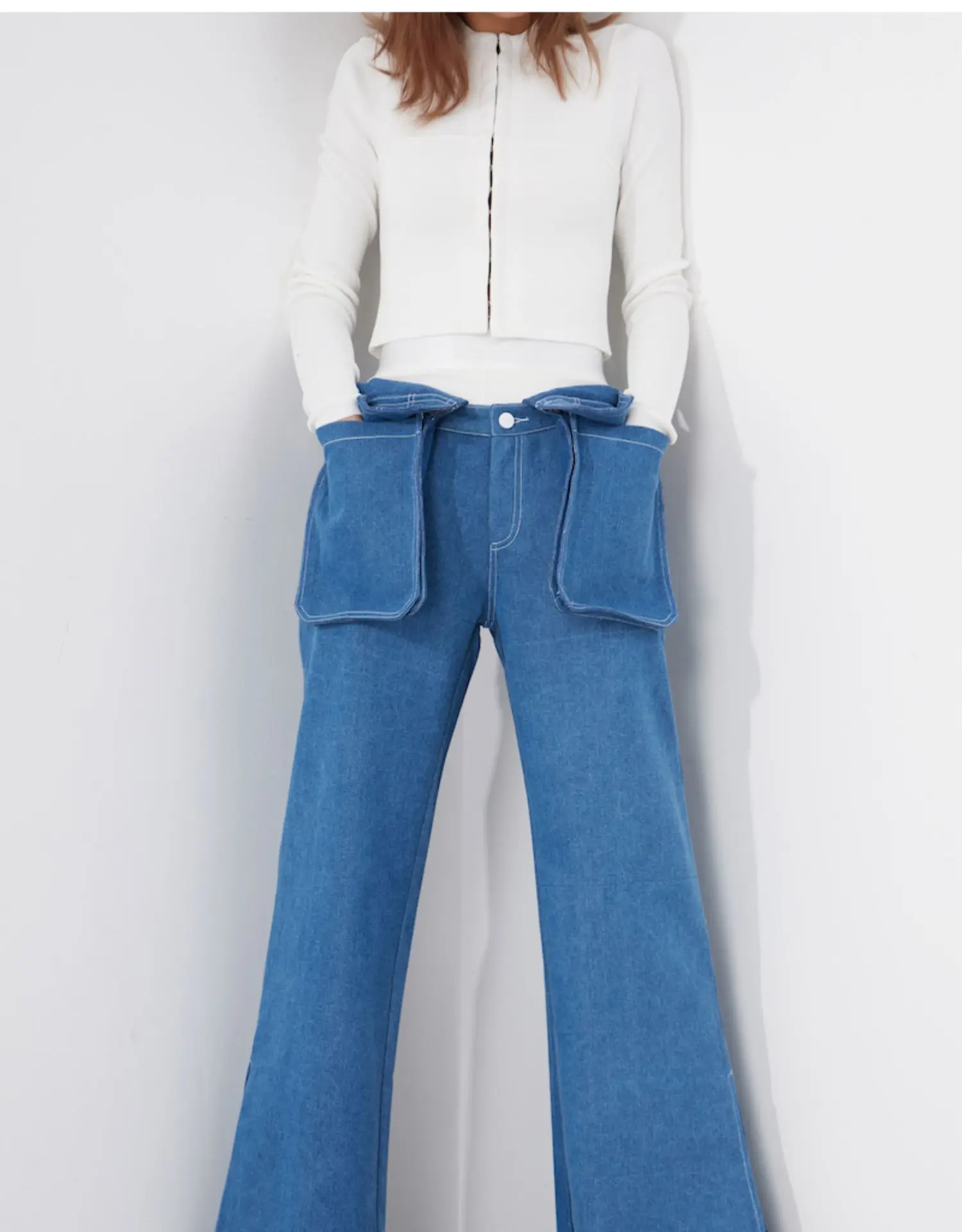 Spring New 2021 Women High Quality Pocket Denim Pants Female Casual Chic Wide Leg Jeans Lan
