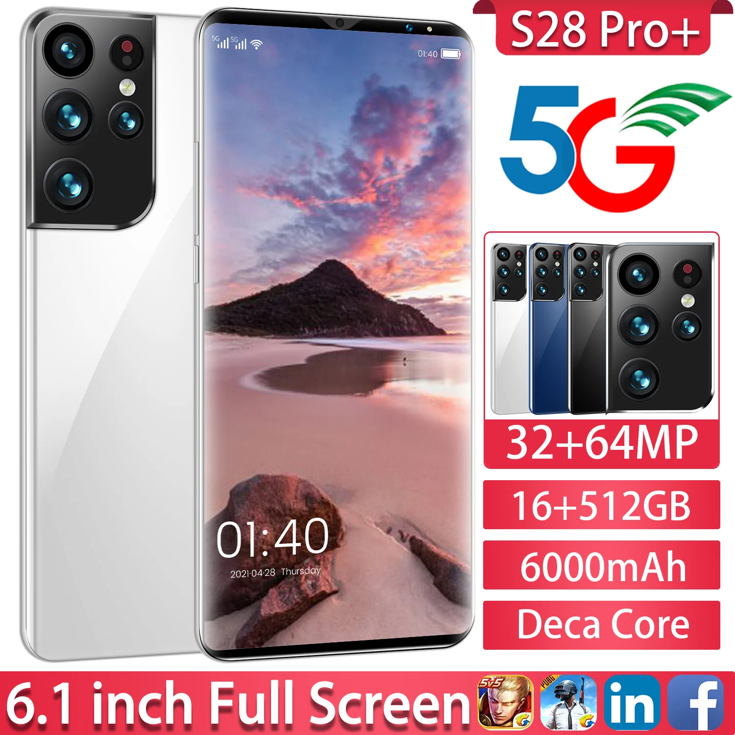 

Samsun Galxy S28 Pro+ 6.1“ Global Version Dual SIM SmartPhone 64MP 6000mAh 512G MTK6889 Deca Core