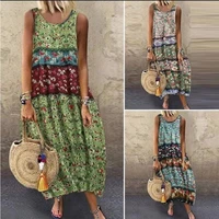 womens round neck sleeveless belt printed floral cotton and linen series casual comfortable loose long skirt