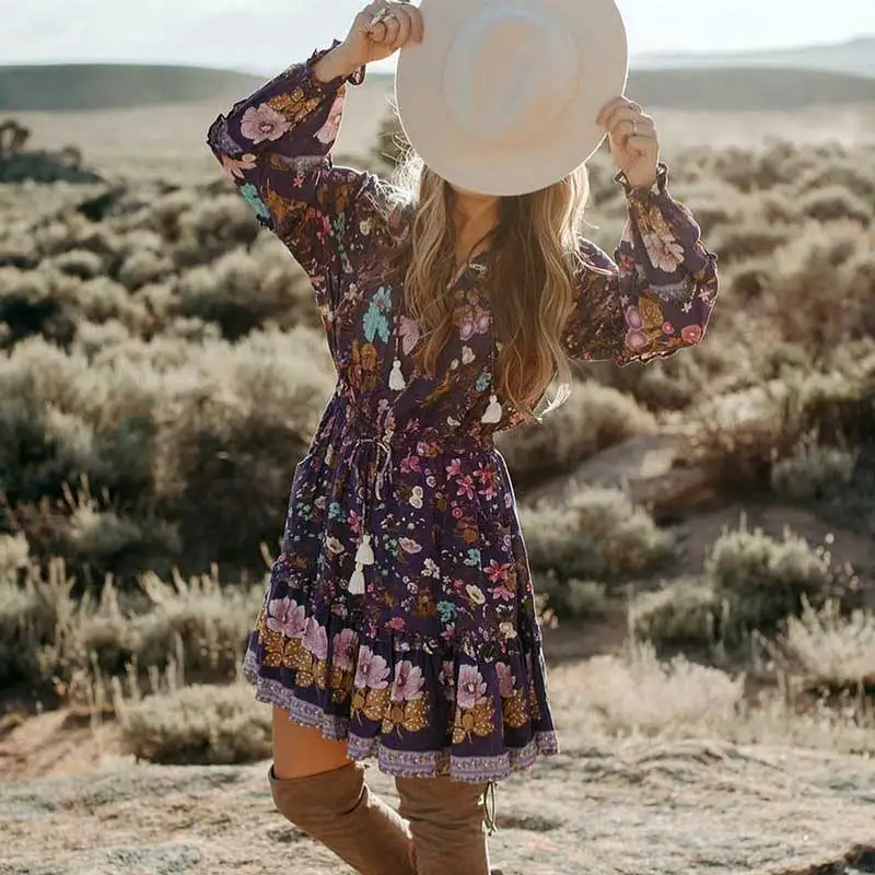Женское платье в стиле бохо темно-синее с длинным рукавом цветочным принтом