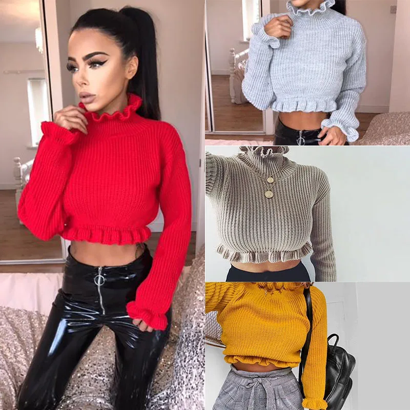 Autumn Winter Women's Ruffles Turtlenecks Sweaters Knitted Clothing Fashion Sexy Crop Butterfly Sleeve Sweater Pullover | Женская