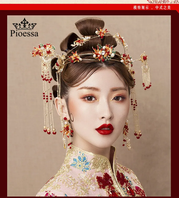 

Tranditonal свадебные аксессуары для волос, китайские Свадебные невесты Обруч Ручной работы феникс корона расчески для волос шпильки с кисточкой Свадебный комплект