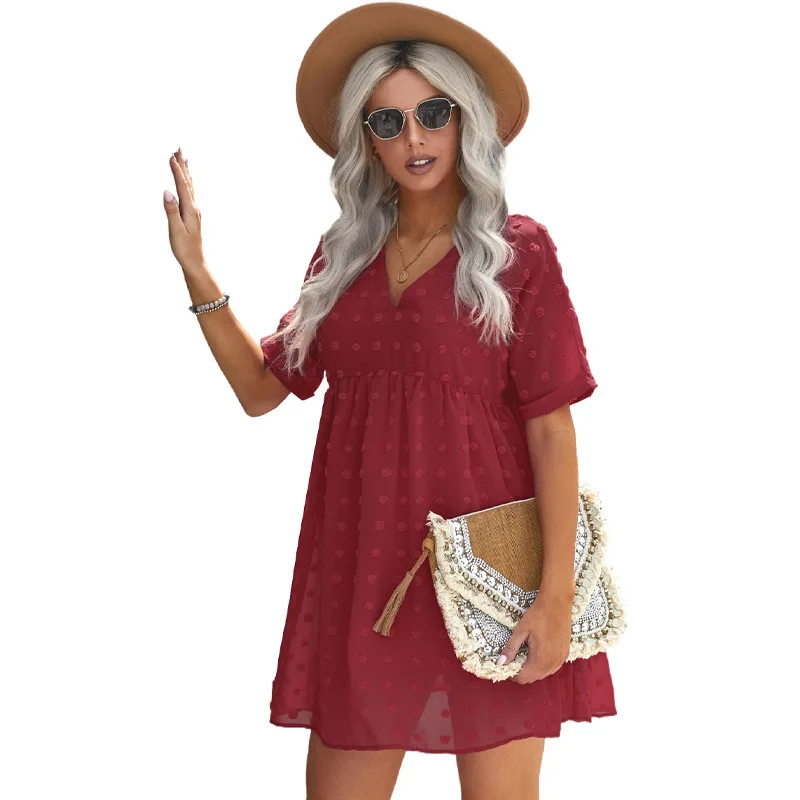 

Chiffon Dress 2021 Summer New Style Pure Color Fur Ball Jacquard V-neck Short-sleeved Skirt Women