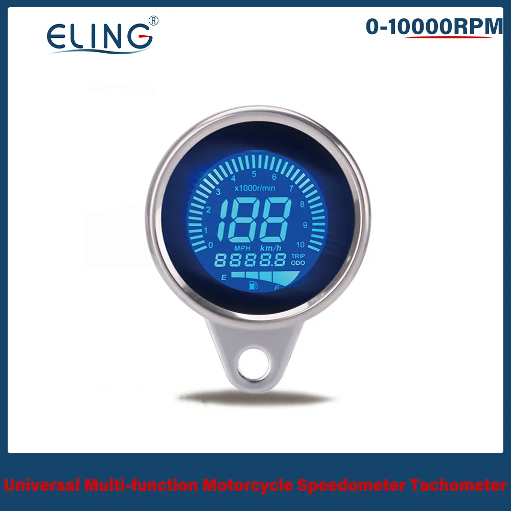 

ELING Motorcycle Speedometer 199km/h MPH Trip Odometer Tachometer 10000RPM Fuel Level Display Universal with 7 Color Backlight