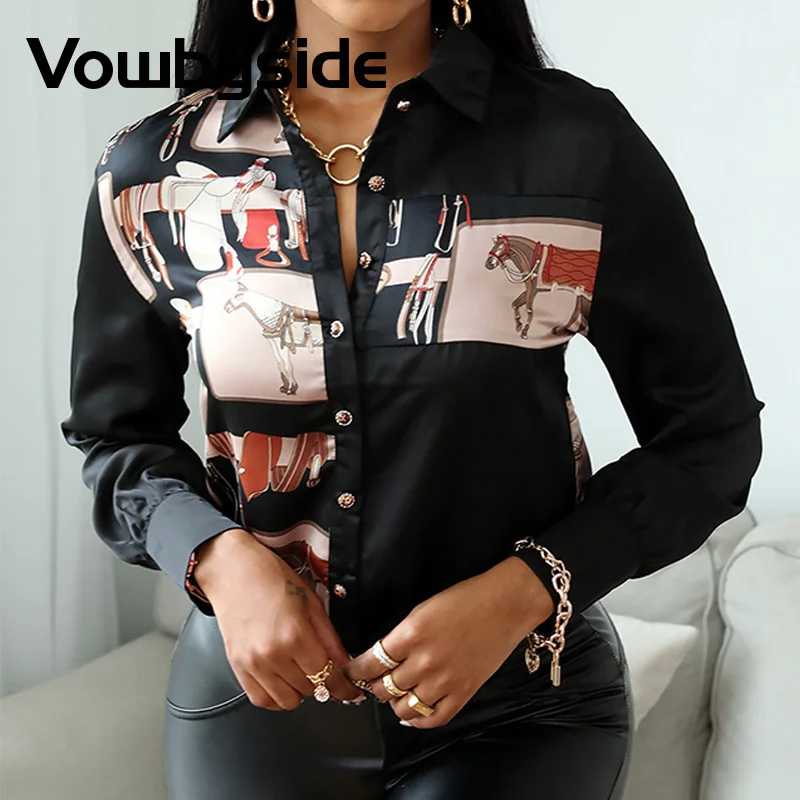 

Chic Scarf Print Button Design Long Sleeve Shirt Tops Women