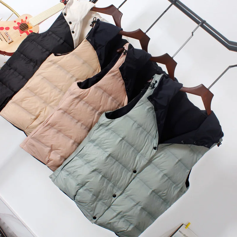 

Autumn White Duck Down Patchwork Women Vest Hooded Single Breasted Pocket Female Vests Solid Warm Streetwear Casual Lady Clothes