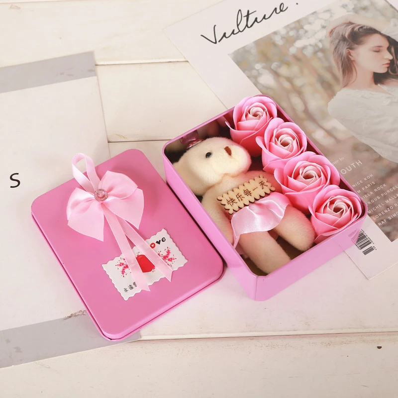 

4 Flower-shaped Soap Rose Soap With Little Bear And Heart-shaped Storage Box Romantic Gift For Lovers Girlfriends