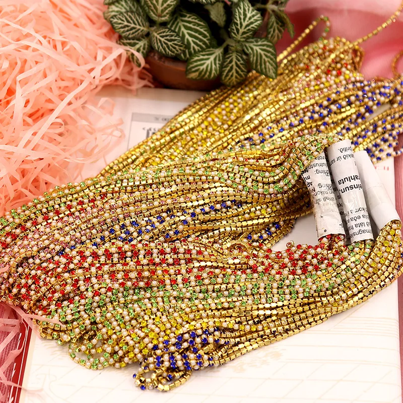 1 м/рулон SS6 золото/цепочки с кристаллами серебрянной акантовкой 2 мм Стразы