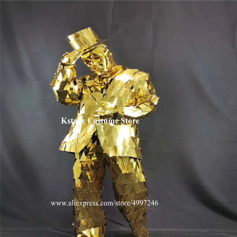 BV7 Robot men gold color mirror men suit club perform catwalk wears mirror dance costumes disco show jacket dj mirror hat outfit