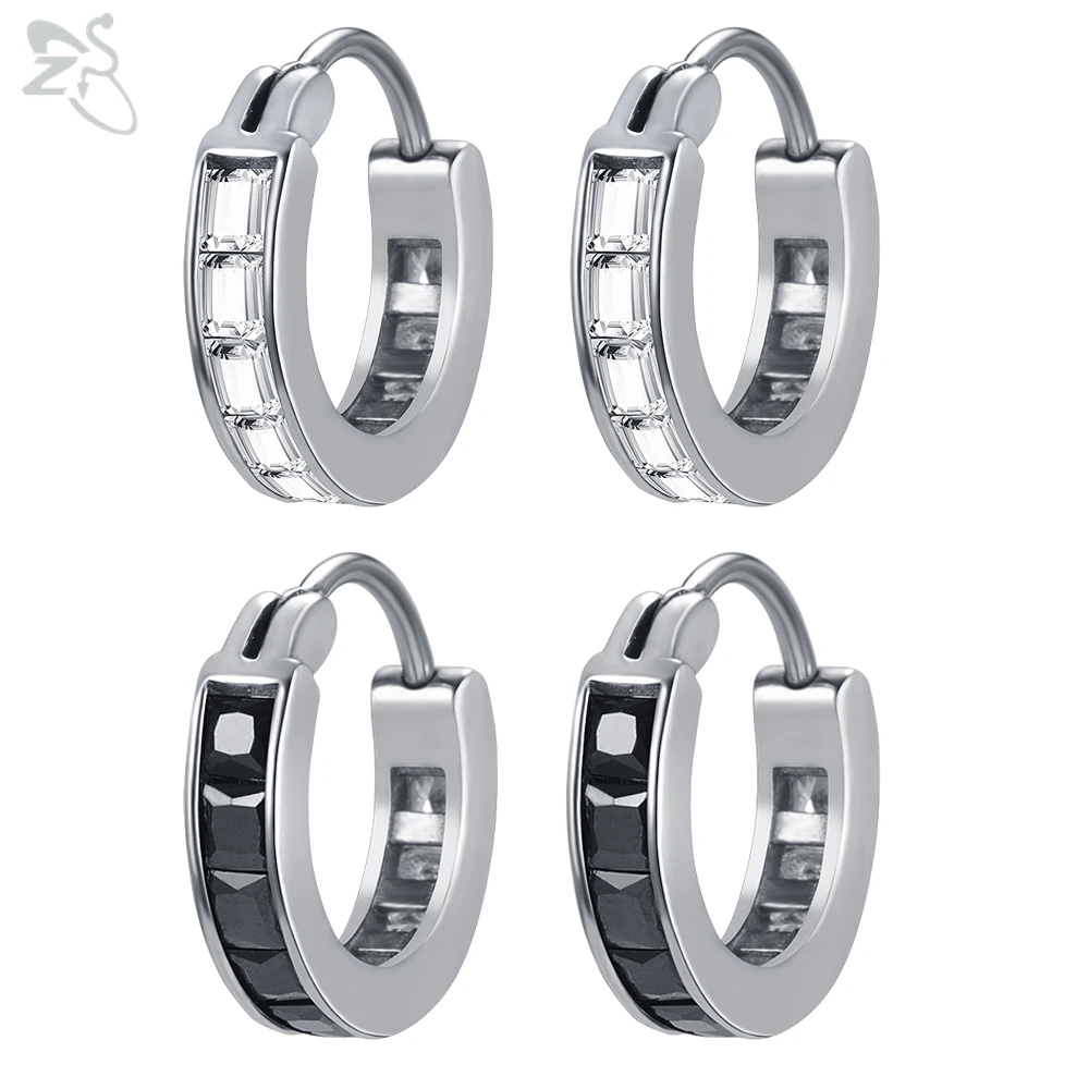 

ZS 1 Pair Simple Stainless Steel Hoop Earrings 2 Colors CZ Crystal Circle Earring For Women Men Charming Ear Piercing Jewelry