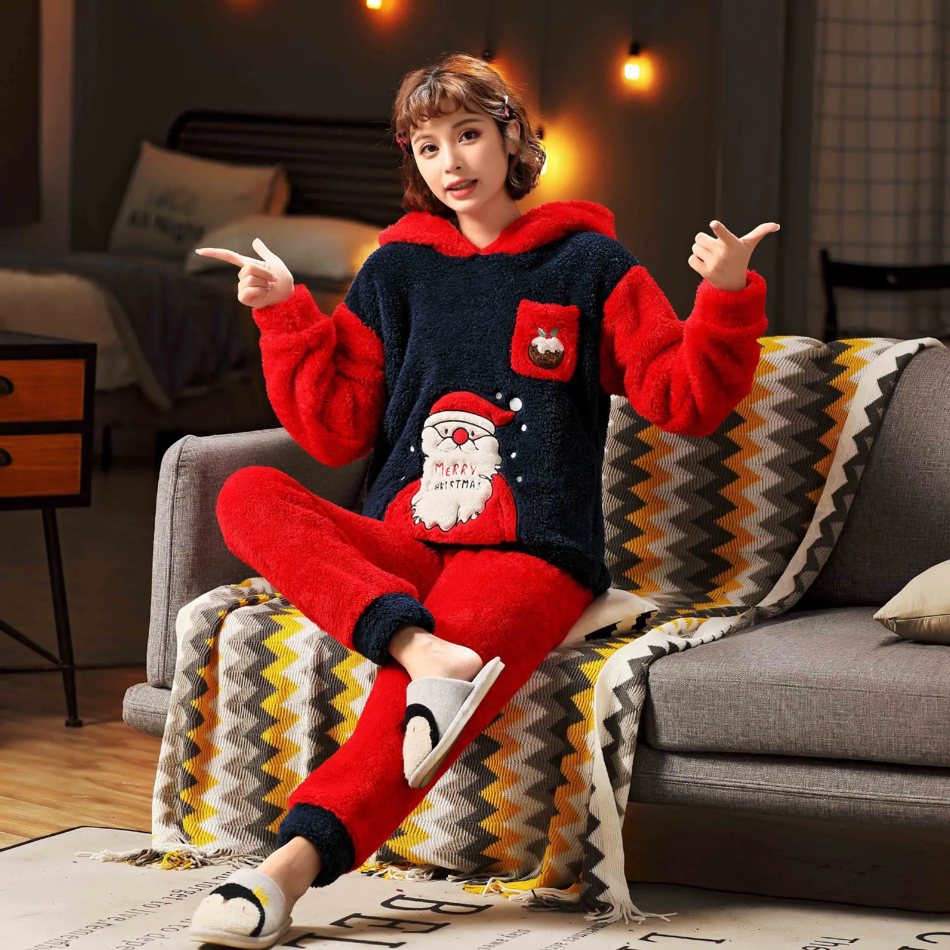 

Winter Couple Flannel Pajama Sets Christmas Holiday Hooded Long Sleeves Tops Full Length Pant Soft Warm Homewear Adult Sleepwear