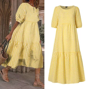 Loose Holiday Dress Women Plaid Vintage Puff Sleeve Midi Dress VONDA 2022 Womens Print Dresses Casual Bohemian Robe 
