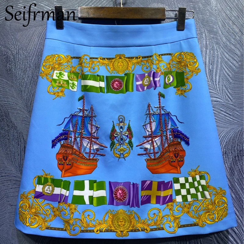 

Seifrmann Summer Fashion Women DesignerSkirt Set Short Sleeve Loose Blouses + High Waist A-Line Skirts 2 TwoPiecesSuits 2021