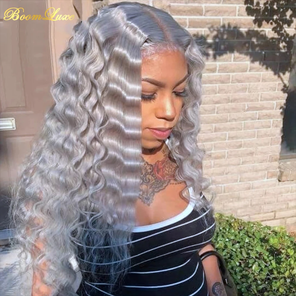 

Grey Deep Wave Human Hair for Women 13x4Transparent Lace Front 150% Density Purple Brazil Virgin Wig