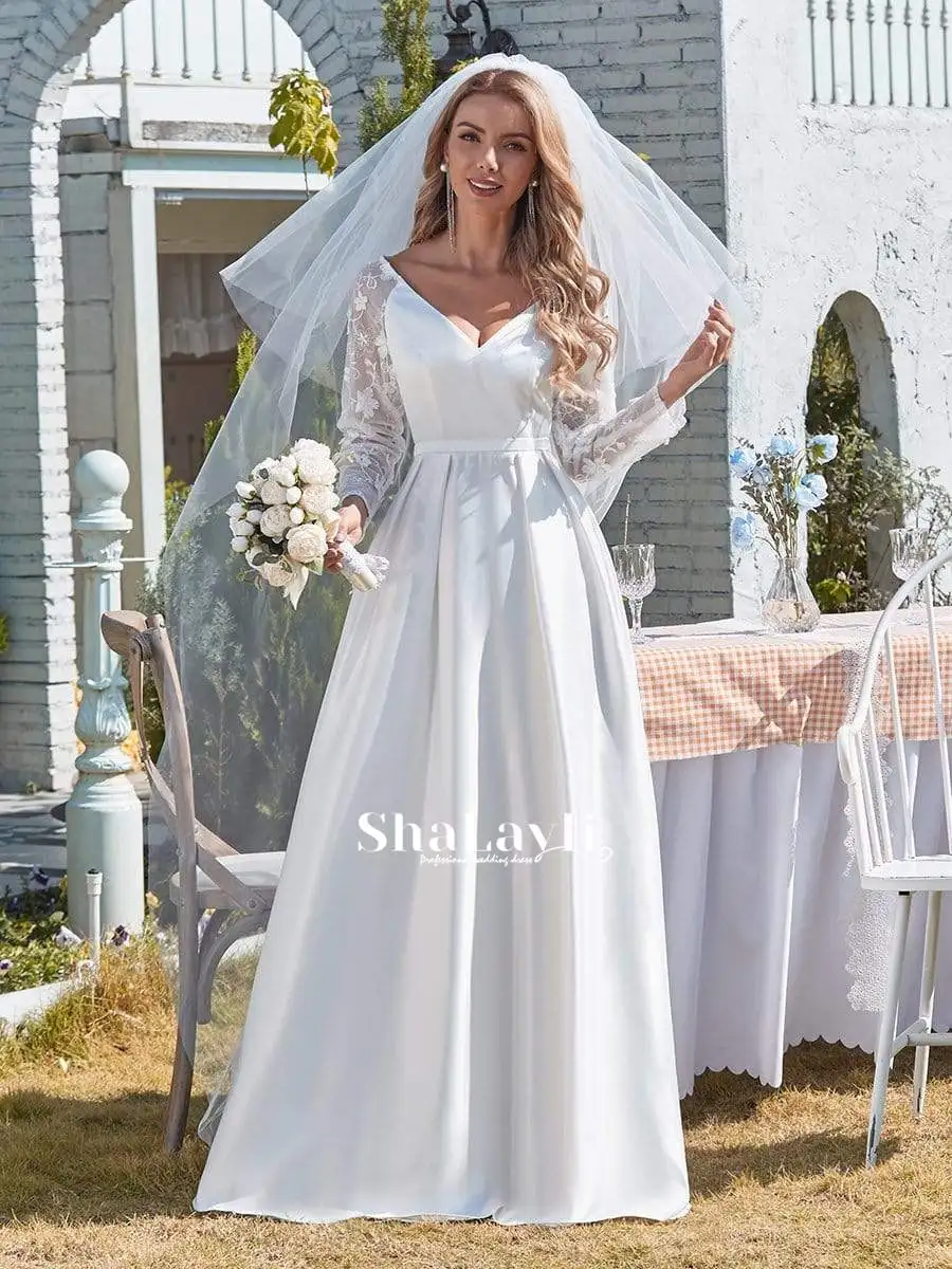 

Vintage Wedding Dress Satin With A-line Floor Length Sweetheart V-neck Bride Garden Wedding Lace Full Sleeve Back Zipper Cheap