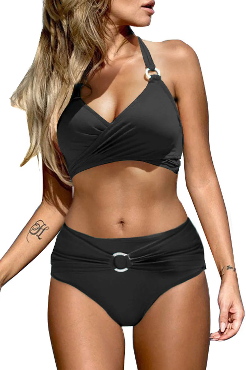 

Black Halter Neck Criss Cross High Waist Bikini Set Swimwear Women Summer Fashion Solid Bikini Set Swimsuit
