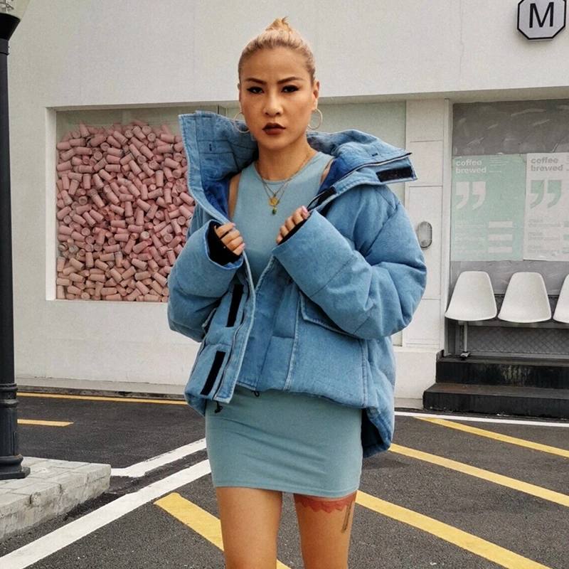 TWOTWINSTYLE повседневное синее открытое хлопковое пальто для женщин воротник с