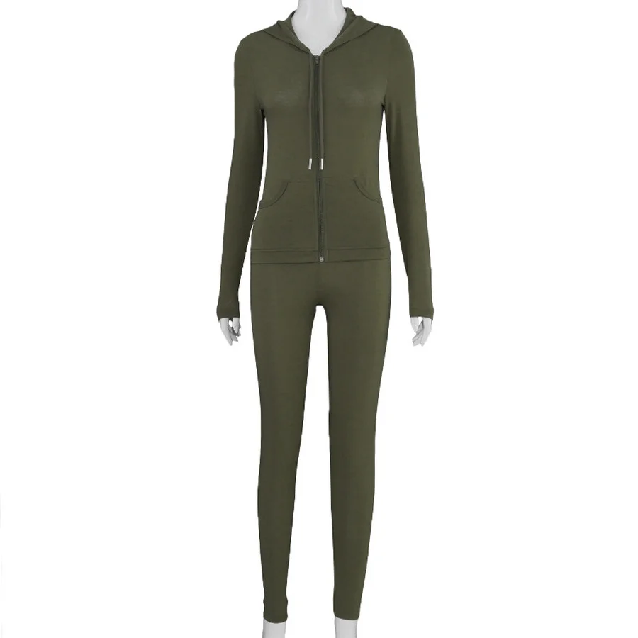 

2021 Women's Long Pants Casual Suit Hooded Black Color Quality Drawstring Zipper Pocket Madma Long Sleeve Top Skinny Suit