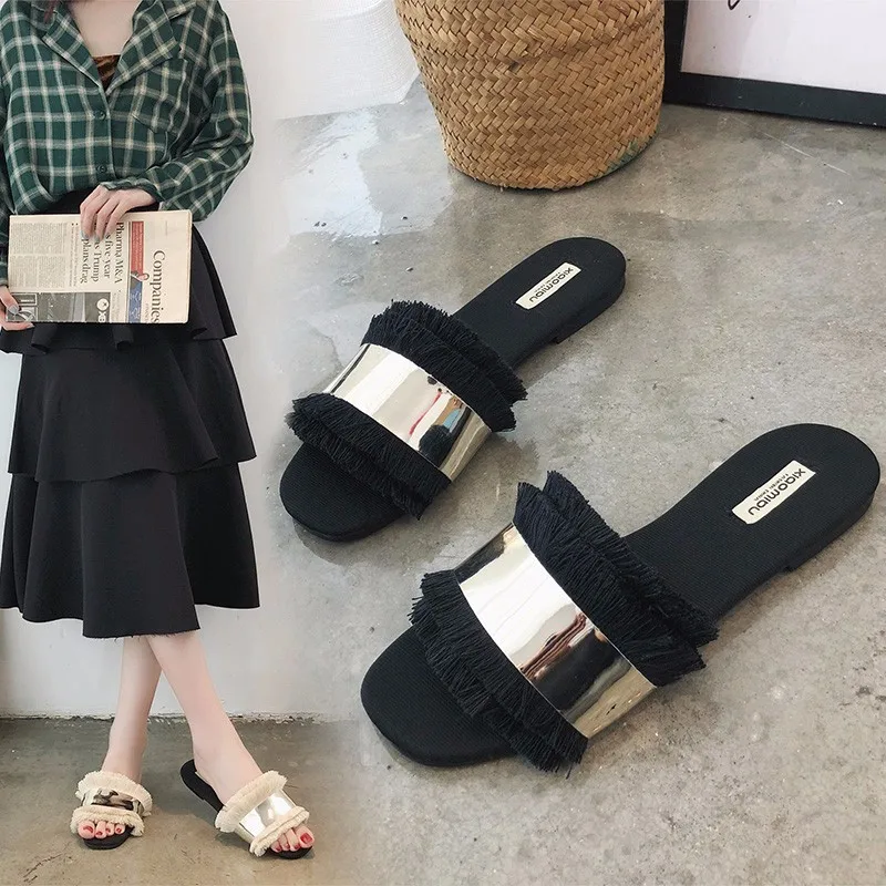

ZAR Woman 2021 Flat Shoes Spring Summer New Sexy Fashion Tassel Round Toe Flat-Heeled Beach Sandals For Women Black Plus Size 40