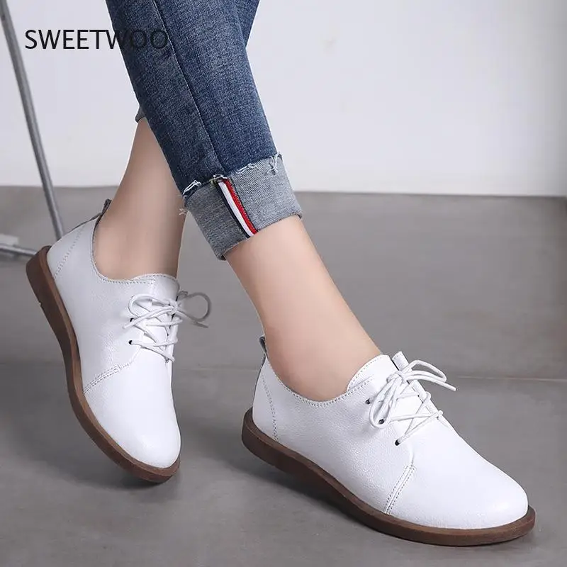 Women Genuine Leather Flat Shoes Lace Up Casual Shoes Solid Color Oxfords Spring / Fall 2021