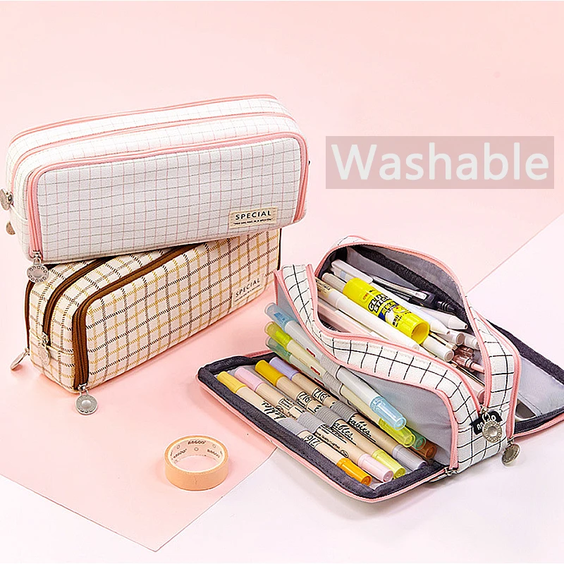 Милый тканевый чехол карандаш в клетку многослойный Большой Вместительный