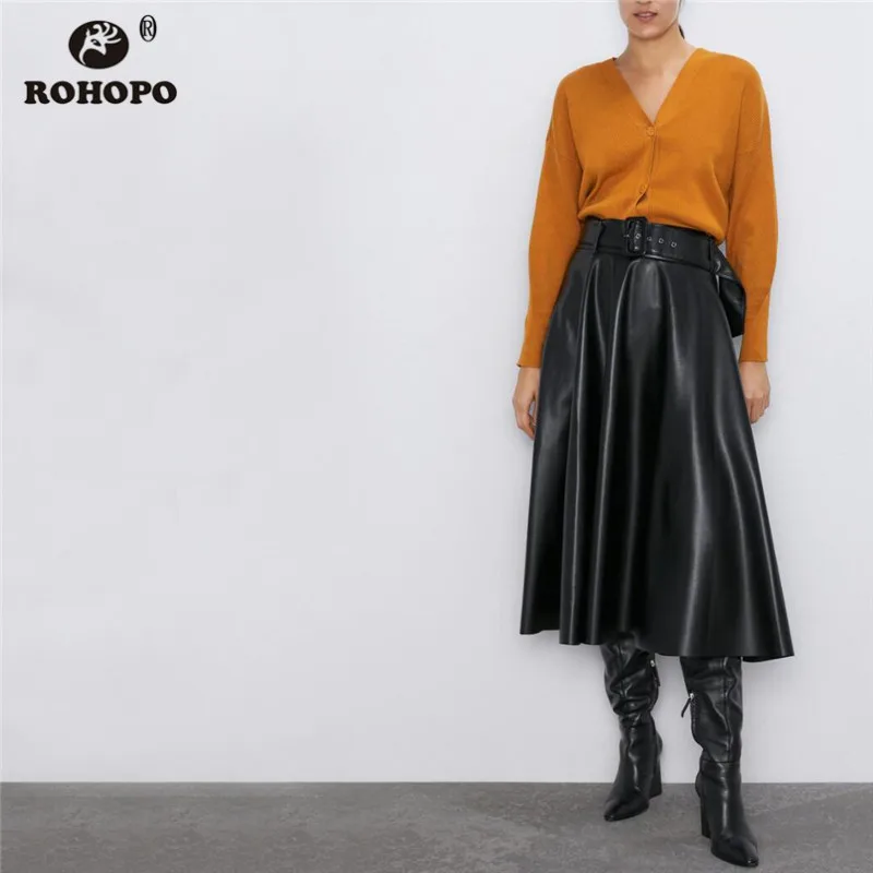 ROHOPO черная юбка миди из искусственной кожи с высокой талией и поясом Женская
