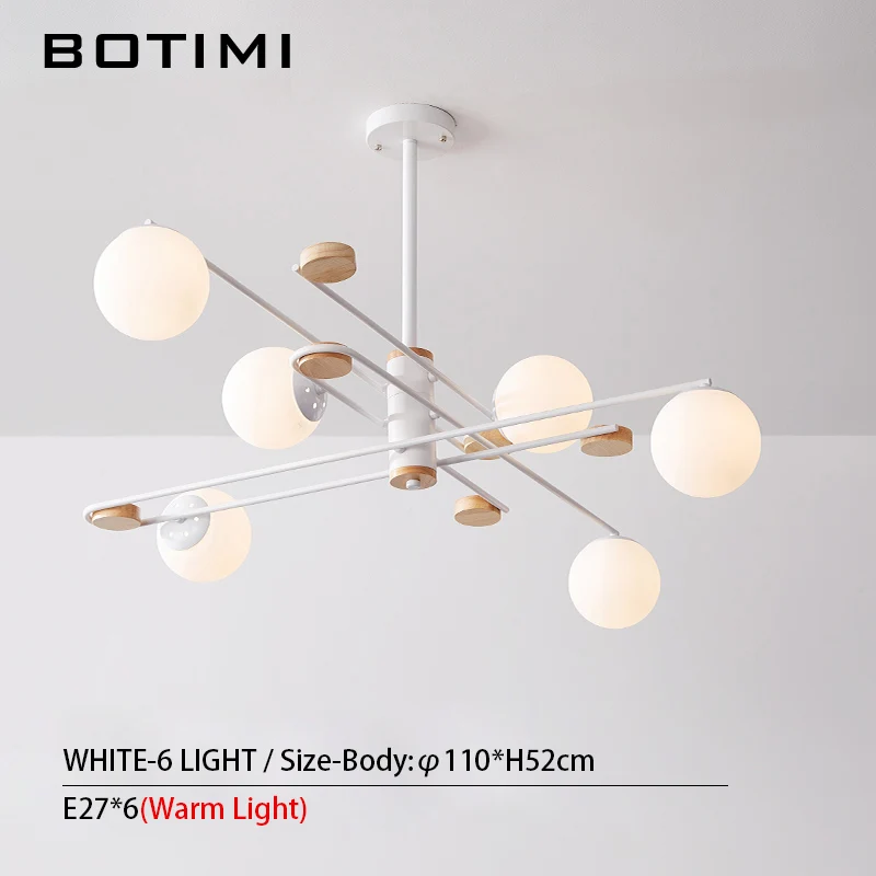 White-6 Light BOTIMI Стекло шар светодиодный Люстра для Гостиная Творческий Спальня люстры подвесной металлический обеденный светильник деревянные дома деко лампы - Цвет абажура: White-6 Light