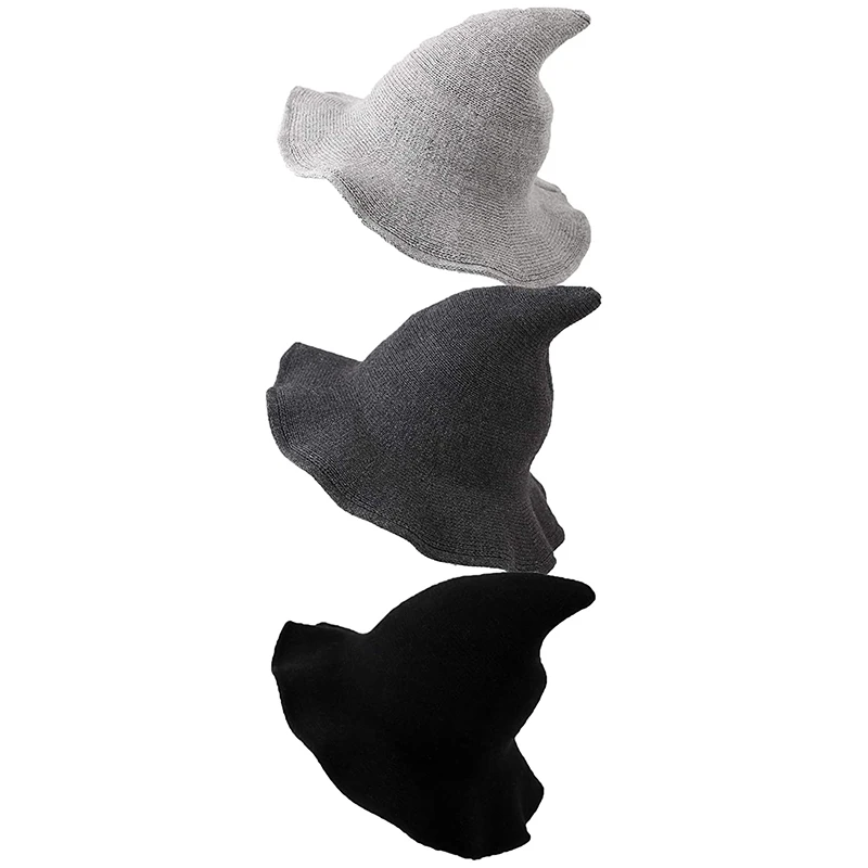 

3 Pack Halloween Witch Hat Kinitted Wool Witch Hat Wizard Hat For Women Large Brim Crochet Cap For Halloween Party