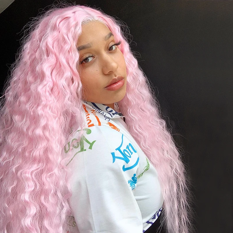 Харизма розовый парик синтетический фронта шнурка Длинные вьющиеся афро парики