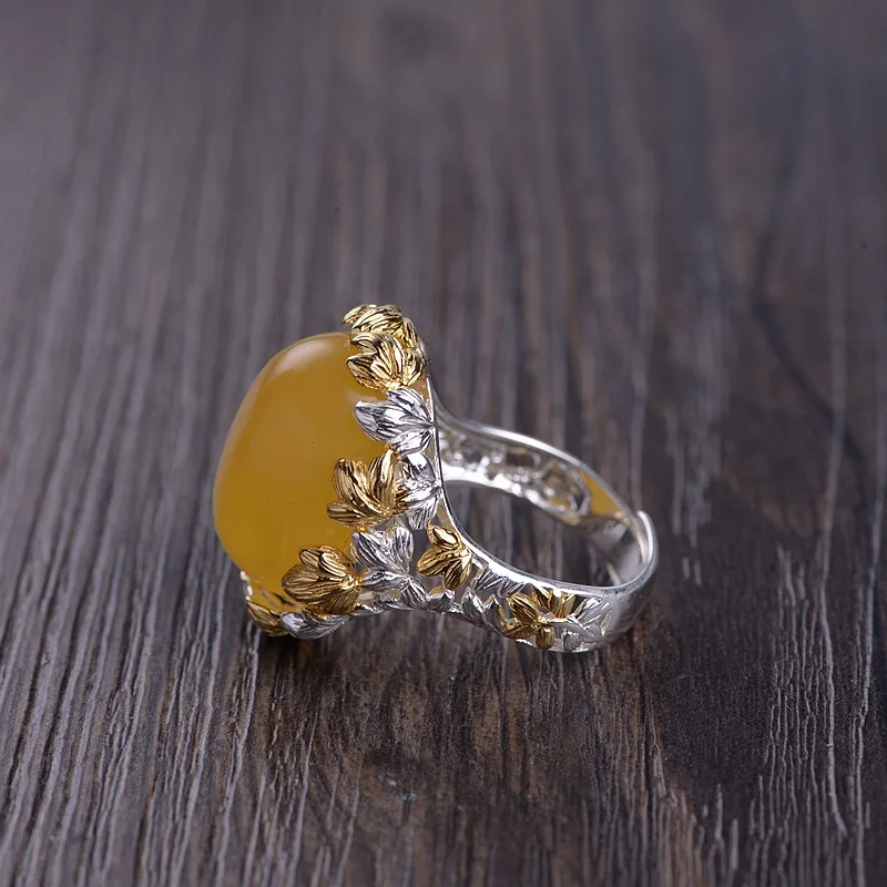 

FNJ Natural Amber Rings 925 Silver Adjustable Size Popular S925 Solid Silver Ring for Women Jewelry Fine Yellow Stone Flower