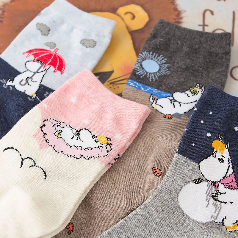 

4 pairs lot pack Women socks Japanese style cartoon hippo kawaii cute happy lovely nice sports Sweat-absorbent cotton socks