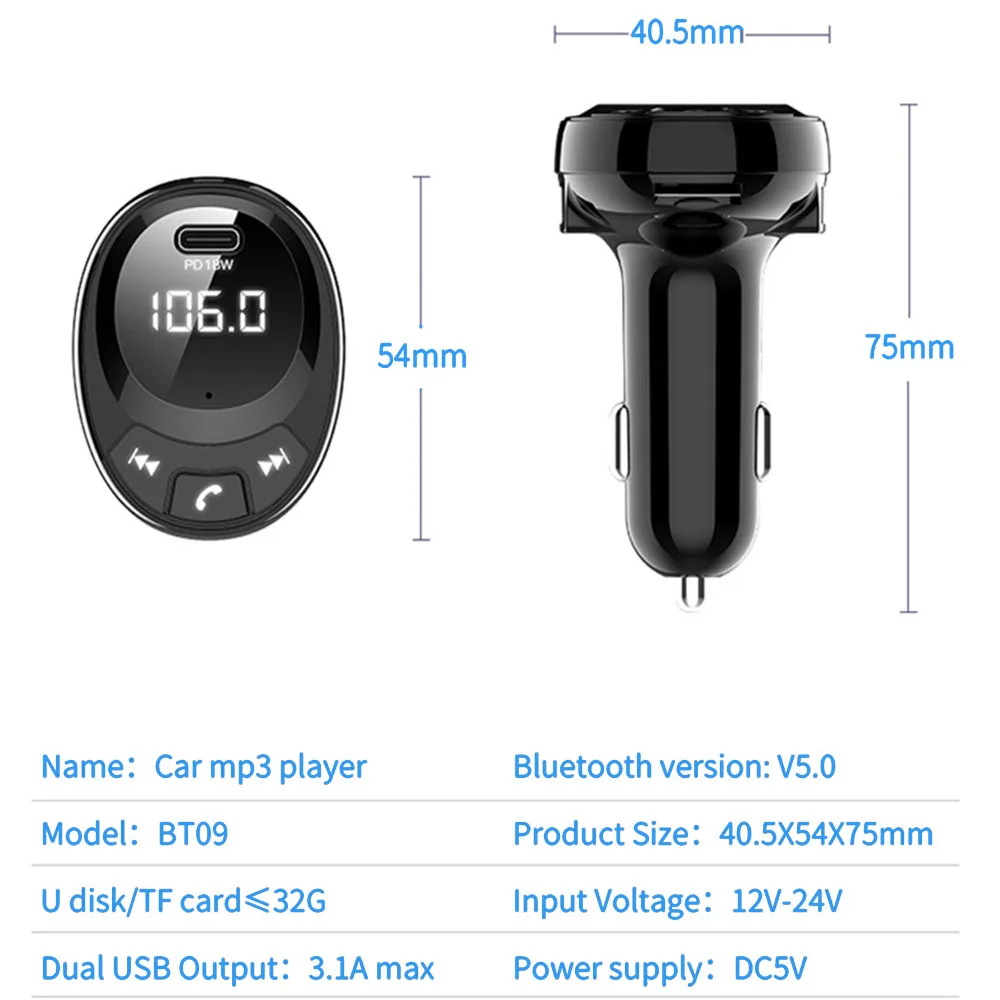 

Car FM Transmitter Bluetooth 5.0 Car Mp3 Player Fast Charging 3.1Battery Voltage Adapter Car Wireless Bluetooth Kit 5
