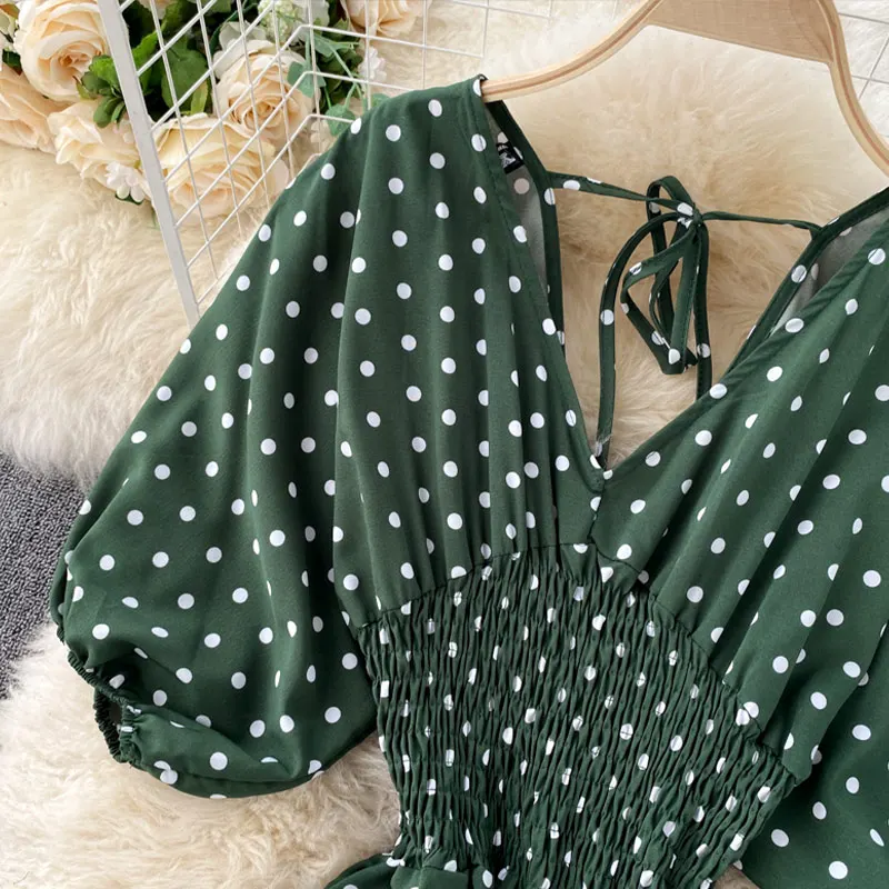 

Polka Dot Print Folds Backless Women Jumpsuits Puff Sleeve V-Neck Lace Up Female Wide Leg Jumpsuit Summer Casual Ladies Rompers
