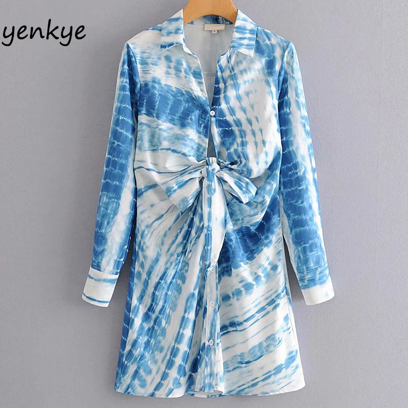 Женское винтажное платье с градиентным принтом короткое на шнуровке спереди