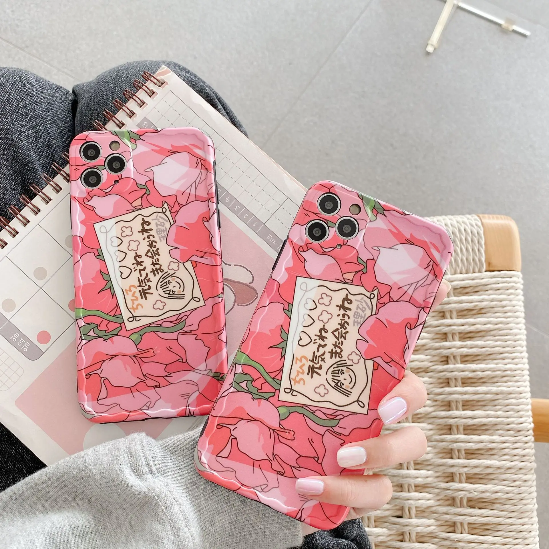 

Kawaii Japanese Vigor girls Pink Flowers 3D cute Phone Case For iPhone 11 12 Pro Max XR Xs Max 7 8 Plus case Silicone Back Cover