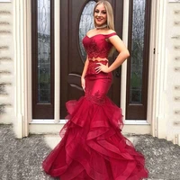sexy off the shoulder two pieces dark red long prom dresses 2019 lace applique formal evening dress tulle skirt women prom gown