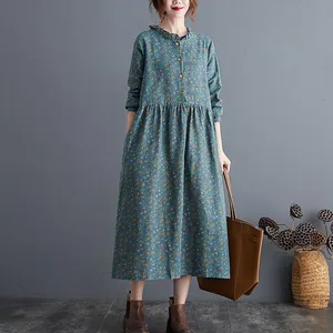 women cotton linen casual long dress new 2020 autumn vintage floral print stand collar ladies elegant a line dresses s2115 free global shipping