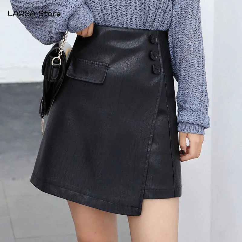 

2021 new A-line short skirt spring new women mini skirt black high waist slim leather skirts