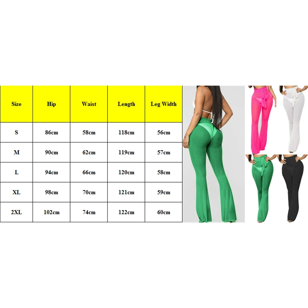 

Women Sexy High Waist See-through Mesh Sheer Summer Beach Cover-Ups Long Flare Wide leg Pants Trousers