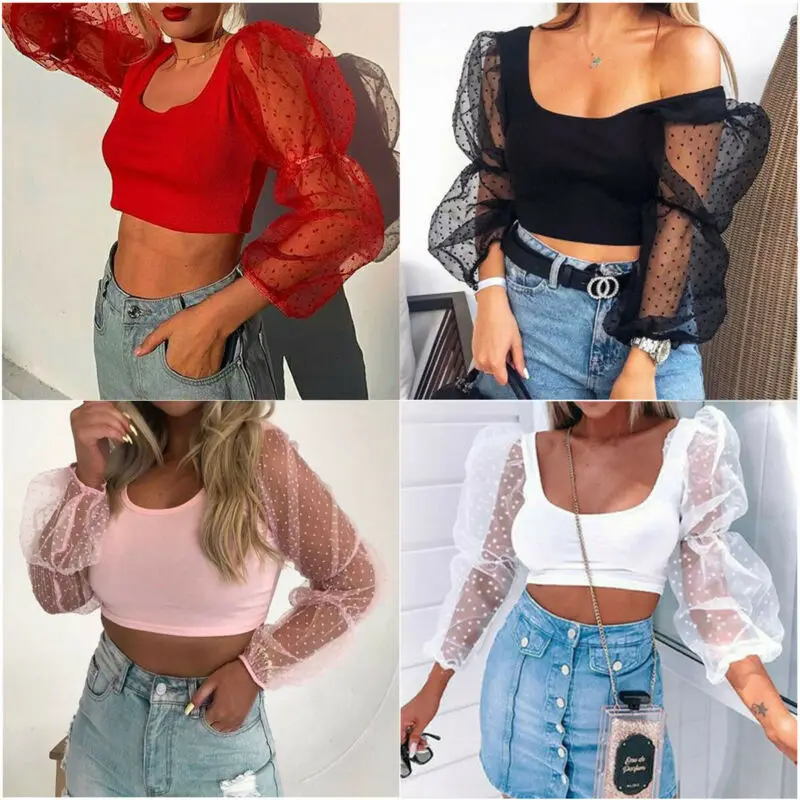 Женский сексуальный короткий топ кружевная прозрачная сетчатая блузка в горошек
