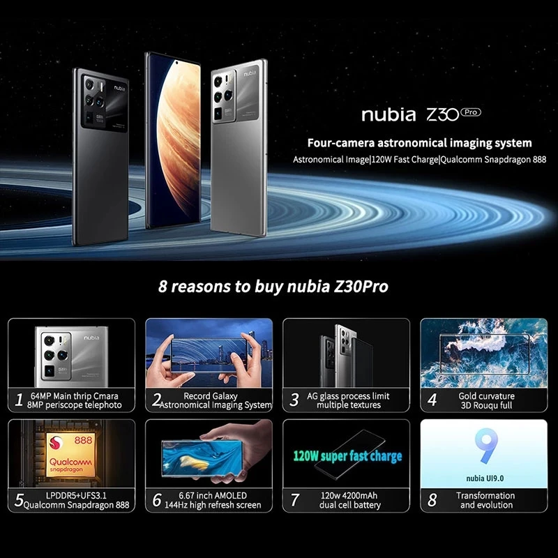 2021 Новый ZTE Nubia Z30 Pro 5G смартфон 6 67 ''amoled 144 Гц гибкий изогнутый Экран Snapdragon 888 Octa
