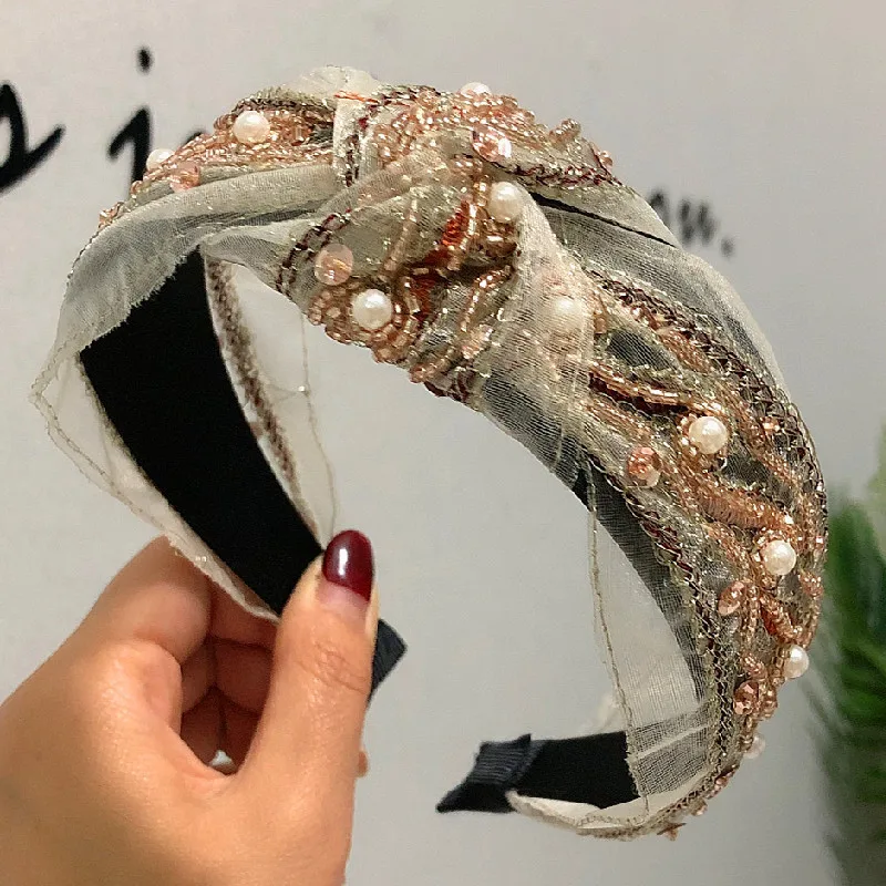 

2021 Fashion Solid Color Pearl Headband Women Hair Accessories Knotted PU Leatherwear Hair Band Ladies Broadside Hair Hoop