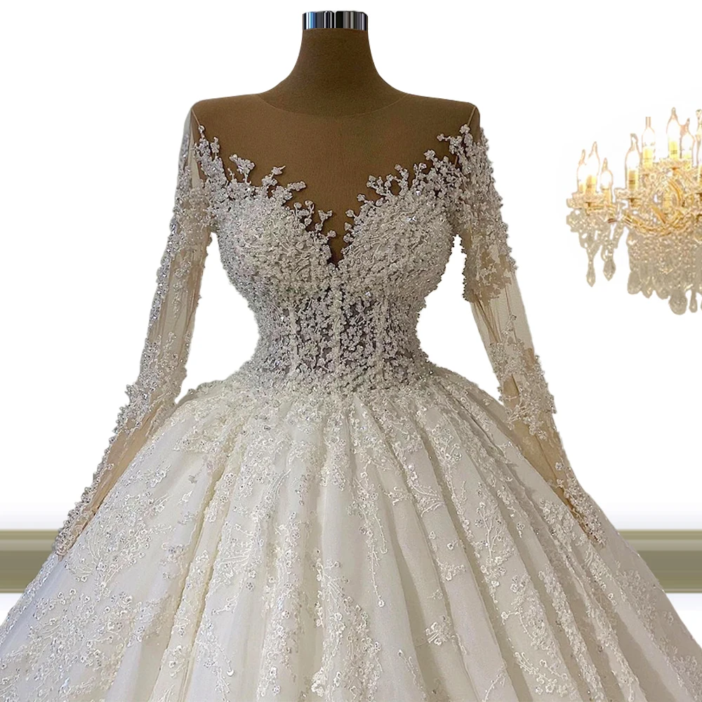 

Free Tailored High Quality Princess Wedding Gown Lace O Neck Illusion Full Sleeves Ruched Robe Longue Femme lange mouw jurk