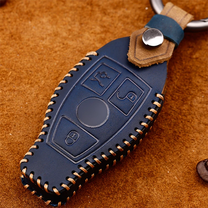 

Genuine Leather 3 Buttons Car Remote Key Fob Holder Cover Case Chain For Mercedes Benz
